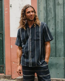 Cove Bio-Baumwolle Kurzarmhemd - Tiefes Marine Jacquard Streifen