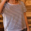 Magnolia Recycled Cotton Crochet Trim T-Shirt - Marine Streifen