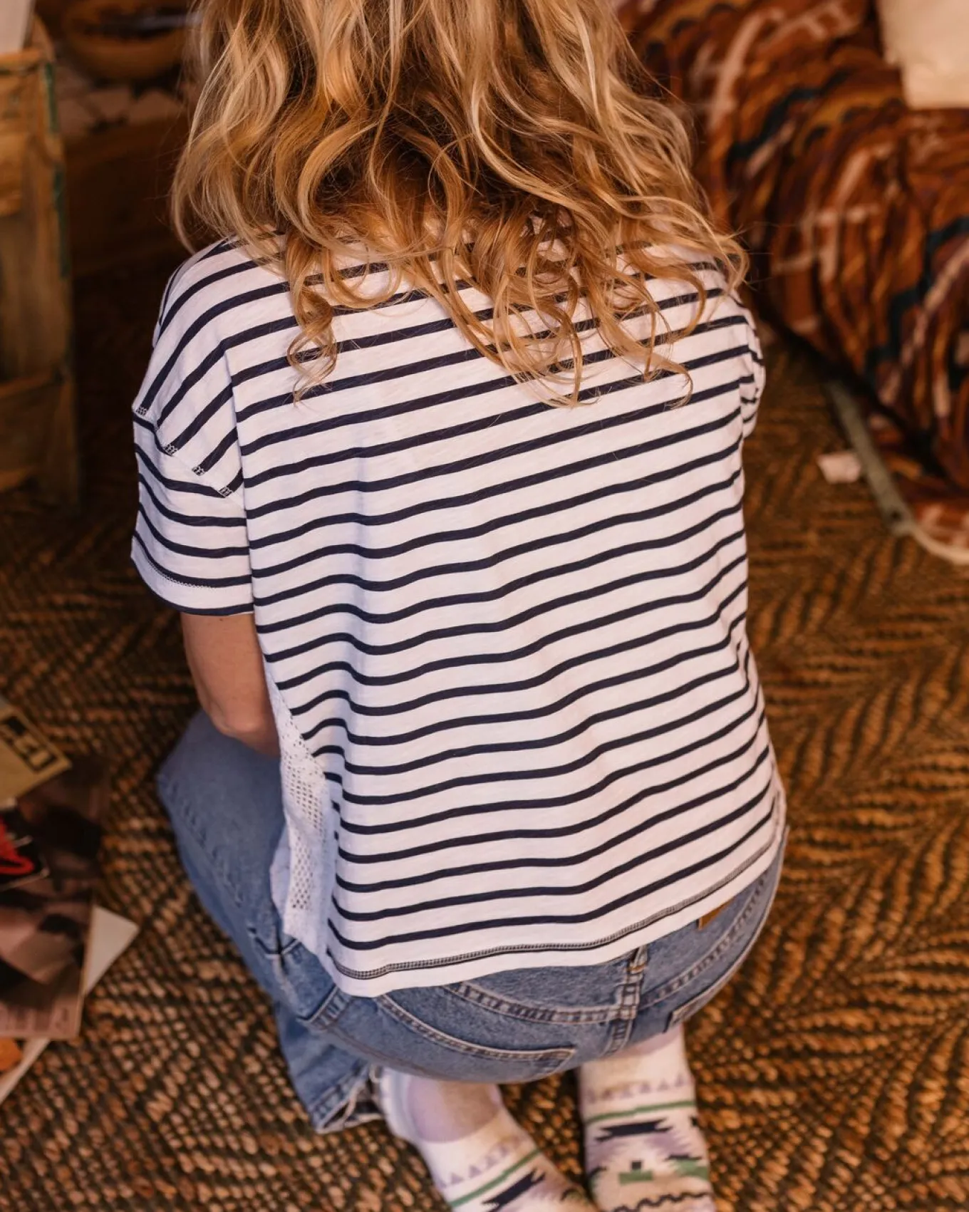 Magnolia Recycled Cotton Crochet Trim T-Shirt - Marine Streifen