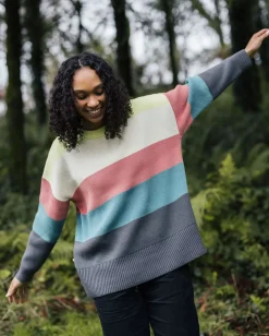 Moments Übergroßer Bio-Strickpullover - Limette Multi Streifen