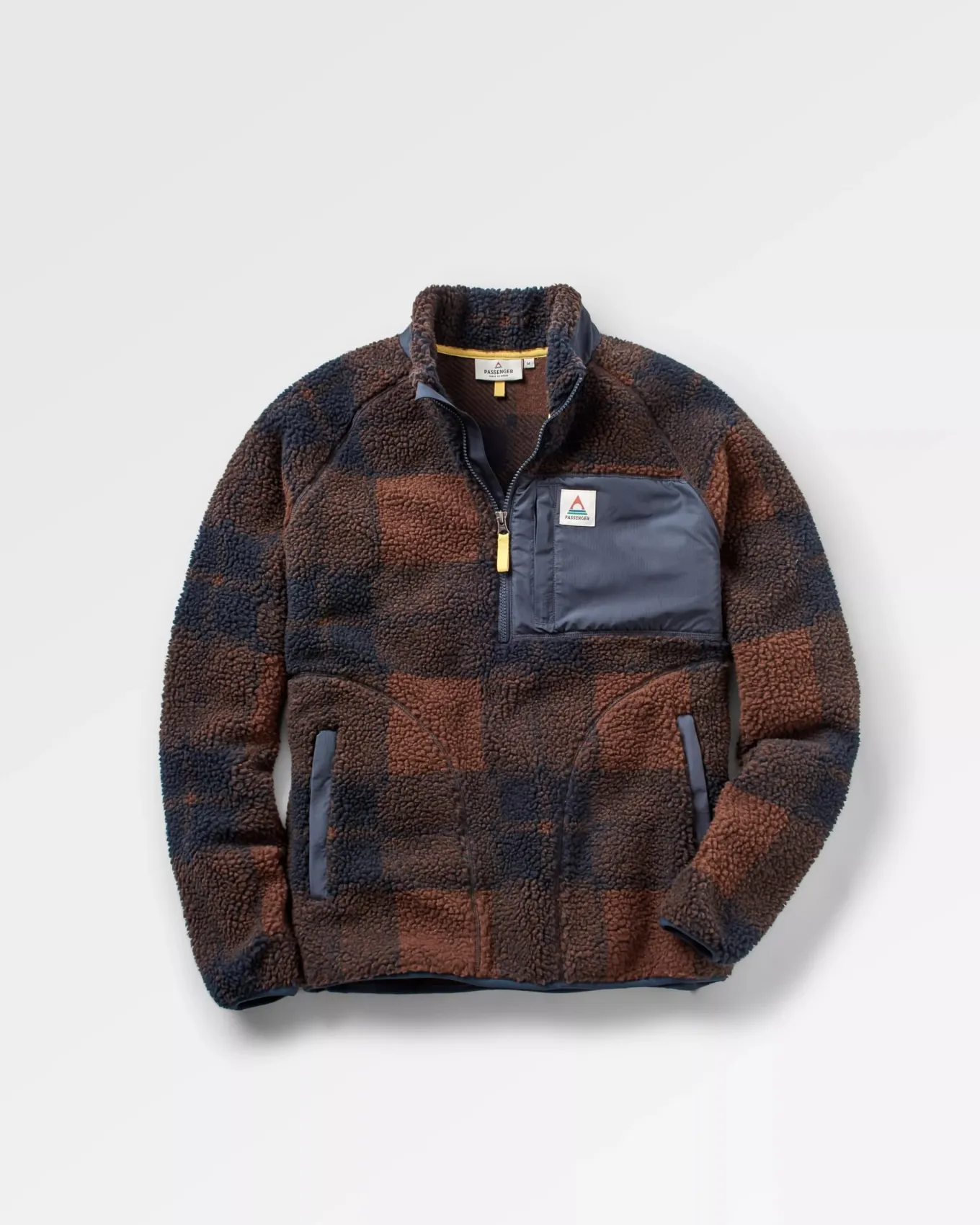 Offroad Recycelter Sherpa-Fleece mit halbem Reißverschluss - Kastanie/Tiefes Marineblau Karo