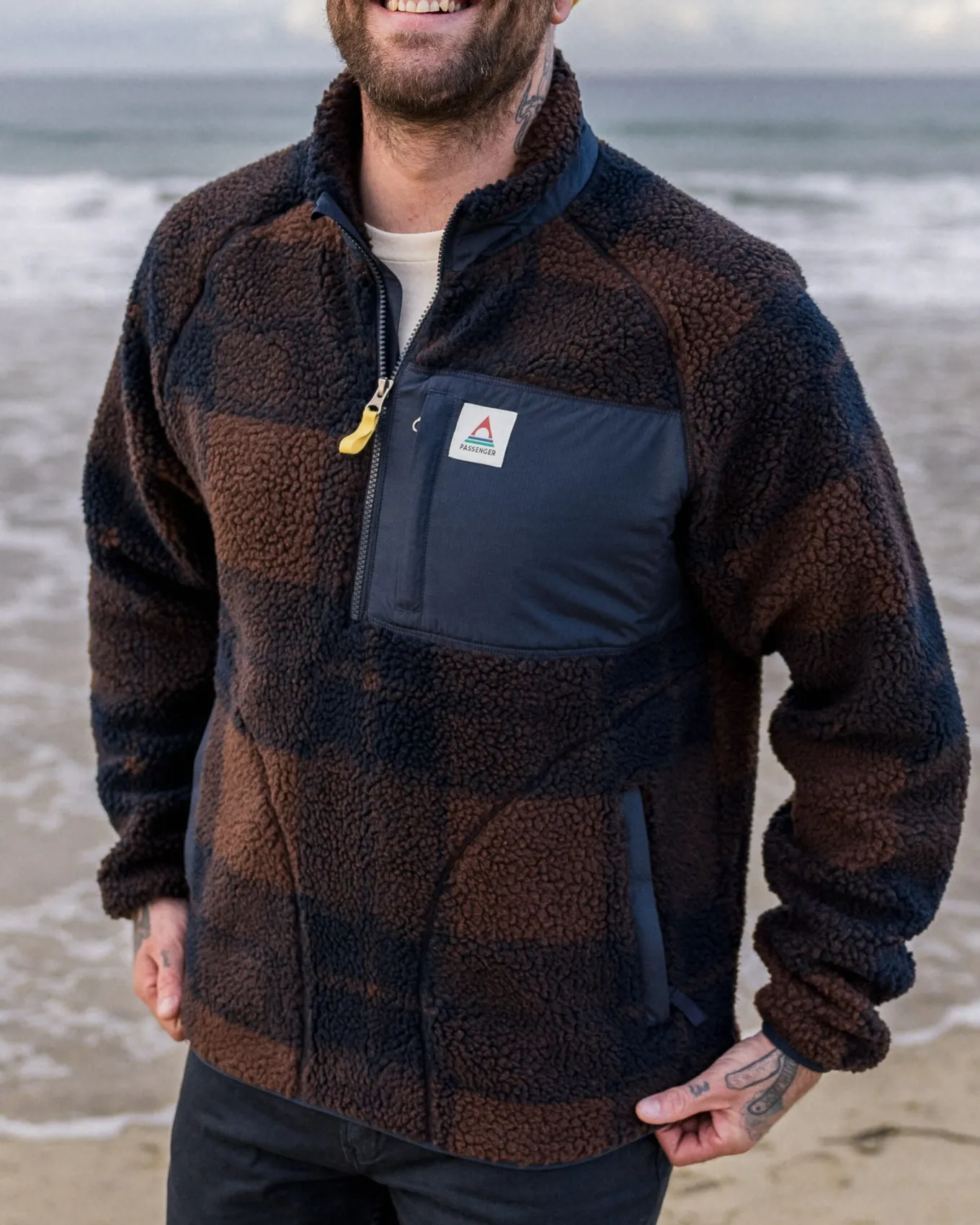 Offroad Recycelter Sherpa-Fleece mit halbem Reißverschluss - Kastanie/Tiefes Marineblau Karo
