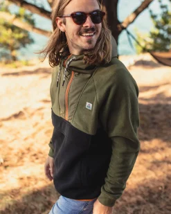 Woodland Kapuzenpullover mit 1/2 Reißverschluss aus recyceltem Polarfleece - Echtes Schwarz/ Khaki